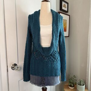 Vintage Y2K Chunky Knit Cowl Neck Shawl Open Front Sweater - Blue Wms Medium